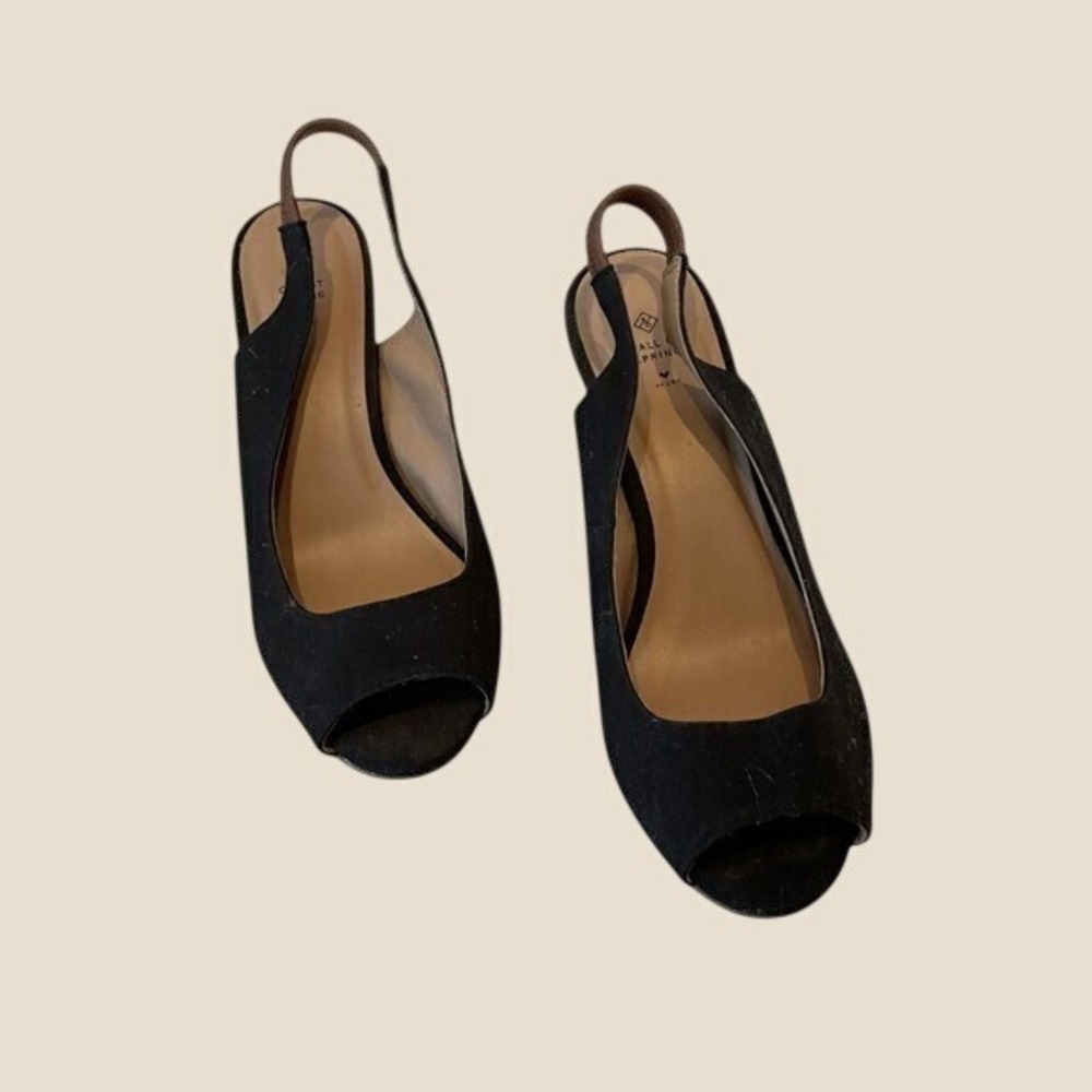 Call It Spring Wedge Sandals Women 7.5 Black Excellent Vegan Cork Peep Toe Shoes